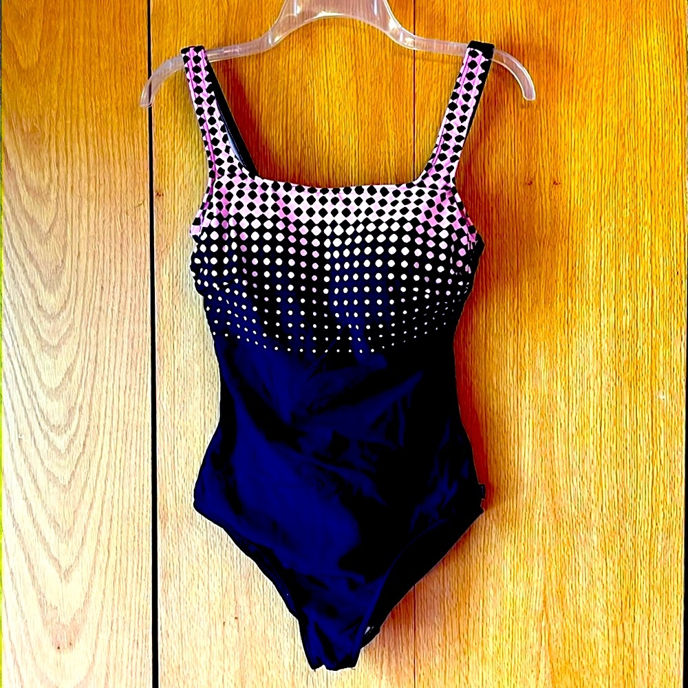 Vintage REEBOK Size 12 maillot SLIMMING one piece swimsuit black pink dots VGUC
